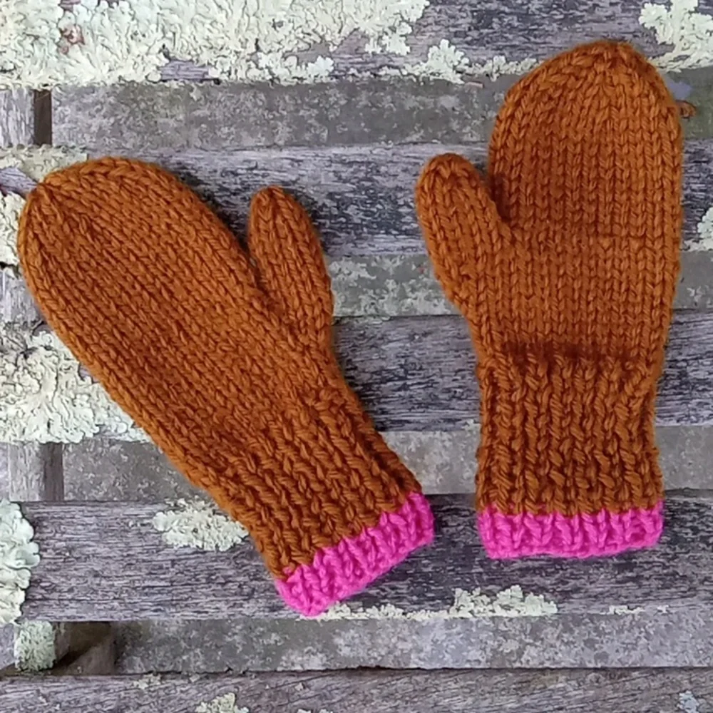 Hand Crafted 100% Wool Handknit Girls Brown & Pink Stripe Mittens 2-4 Years